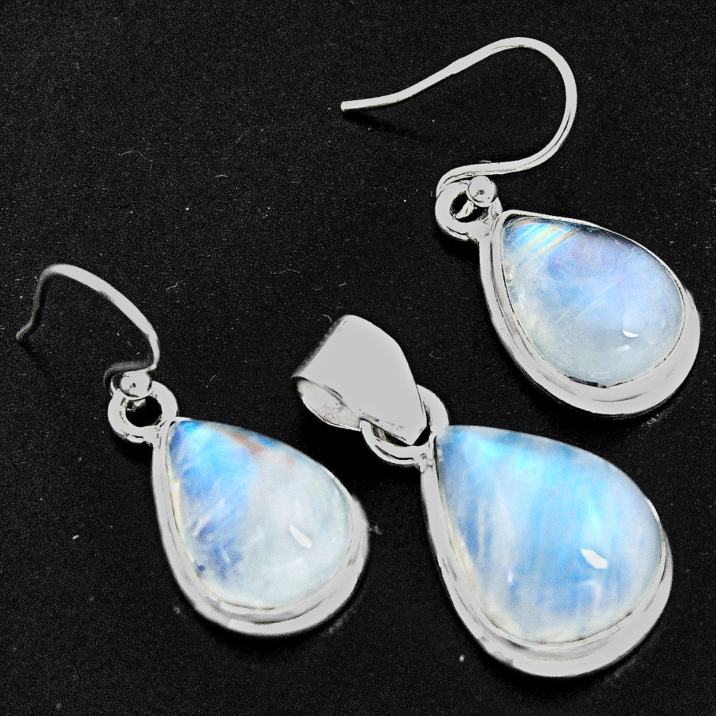 925 silver 21.71cts natural rainbow moonstone pear pendant earrings set r8836