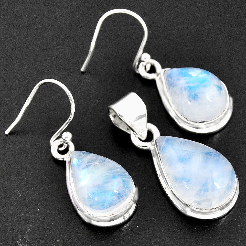 22.07cts natural rainbow moonstone pear 925 silver pendant earrings set r8840