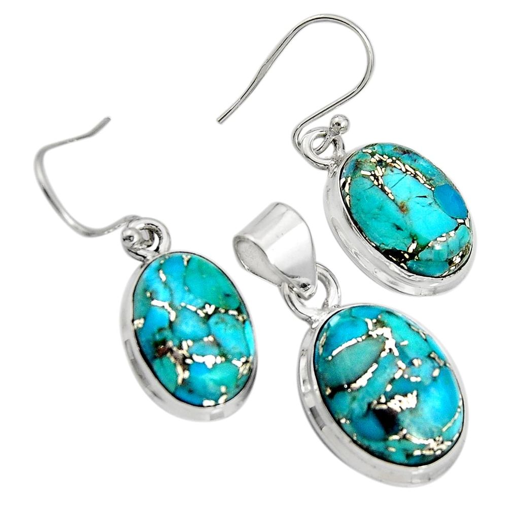 18.98cts blue copper turquoise 925 sterling silver pendant earrings set r8851