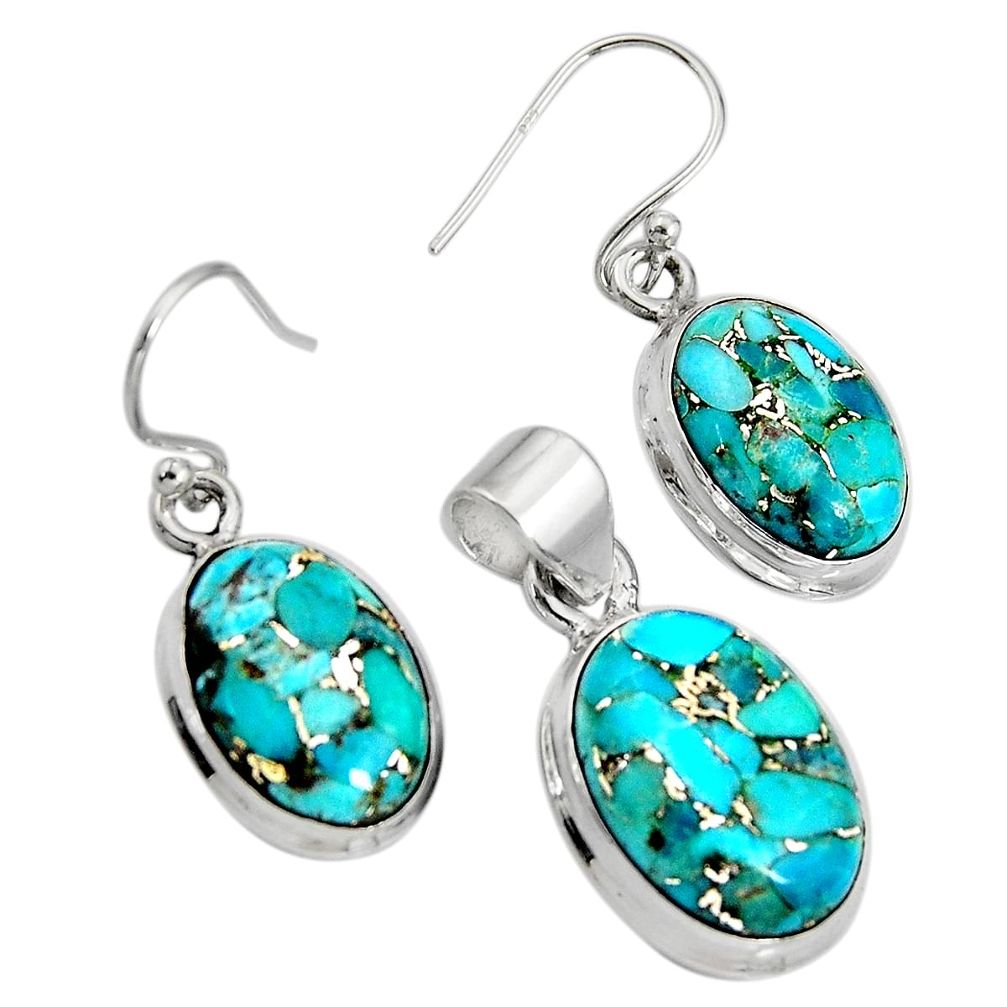 18.98cts blue copper turquoise 925 sterling silver pendant earrings set r8852
