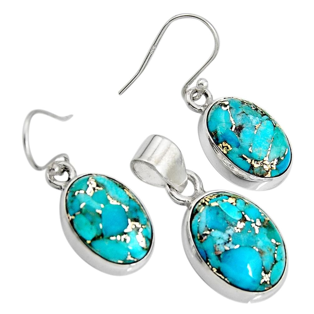 925 sterling silver 18.63cts blue copper turquoise pendant earrings set r8853