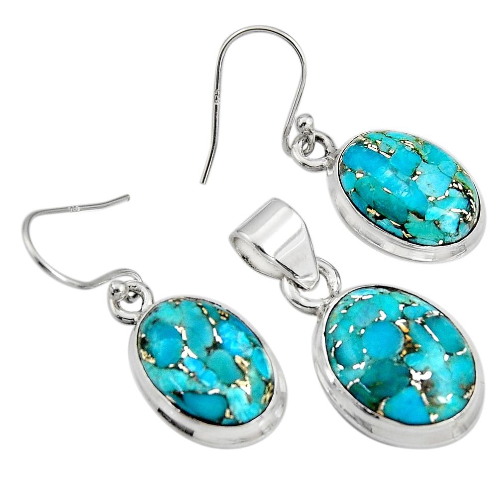 19.12cts blue copper turquoise 925 sterling silver pendant earrings set r8854