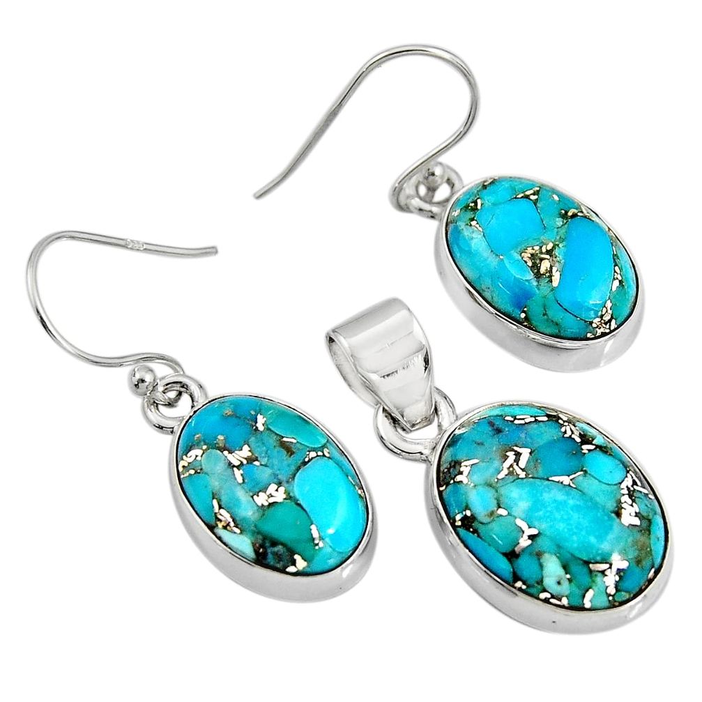 18.63cts blue copper turquoise 925 sterling silver pendant earrings set r8860