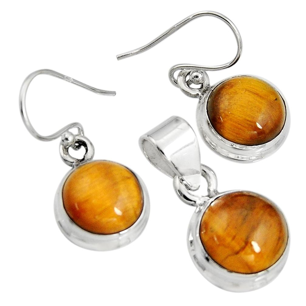 925 silver 15.97cts natural brown tiger's eye round pendant earrings set r8871