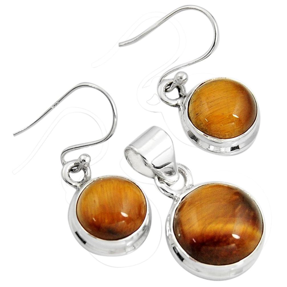 15.31cts natural brown tiger's eye 925 silver pendant earrings set r8873