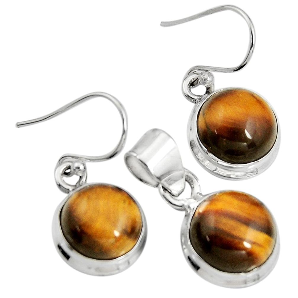 925 silver 16.17cts natural brown tiger's eye round pendant earrings set r8874