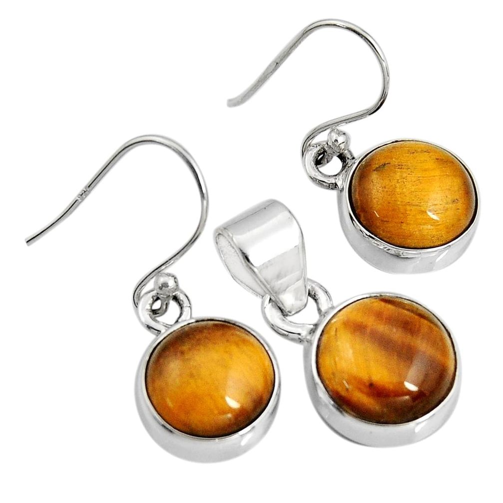 13.77cts natural brown tiger's eye round 925 silver pendant earrings set r8876