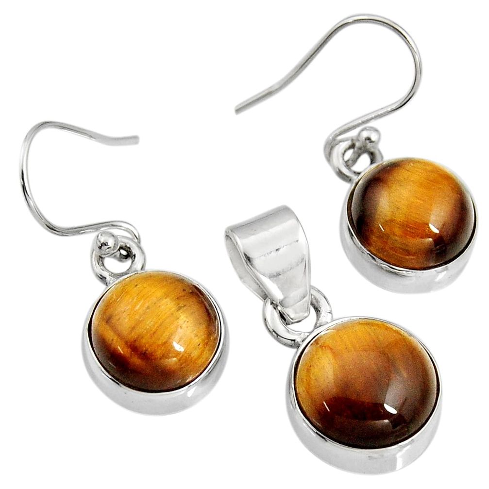 13.71cts natural brown tiger's eye 925 silver pendant earrings set r8877