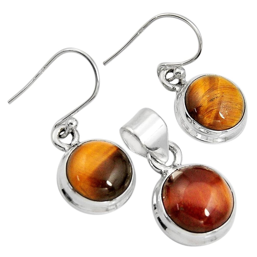 925 silver 15.33cts natural brown tiger's eye round pendant earrings set r8878