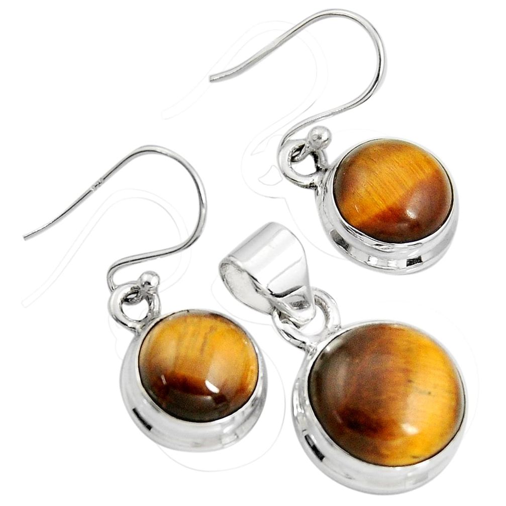 15.31cts natural brown tiger's eye 925 silver pendant earrings set r8879