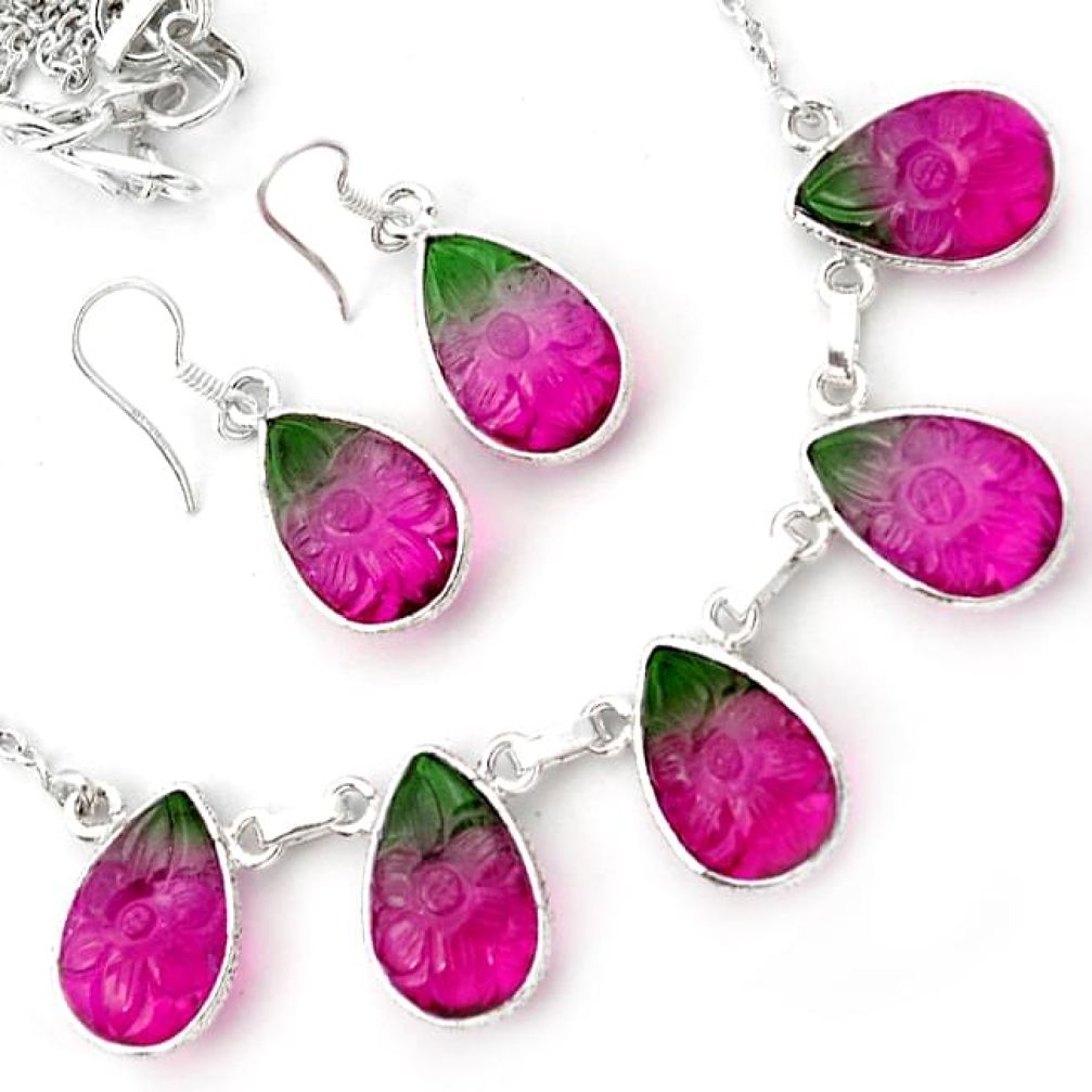 AMAZING WATERMELON TOURMALINE QUARTZ 925 SILVER EARRINGS NECKLACE SET H44730