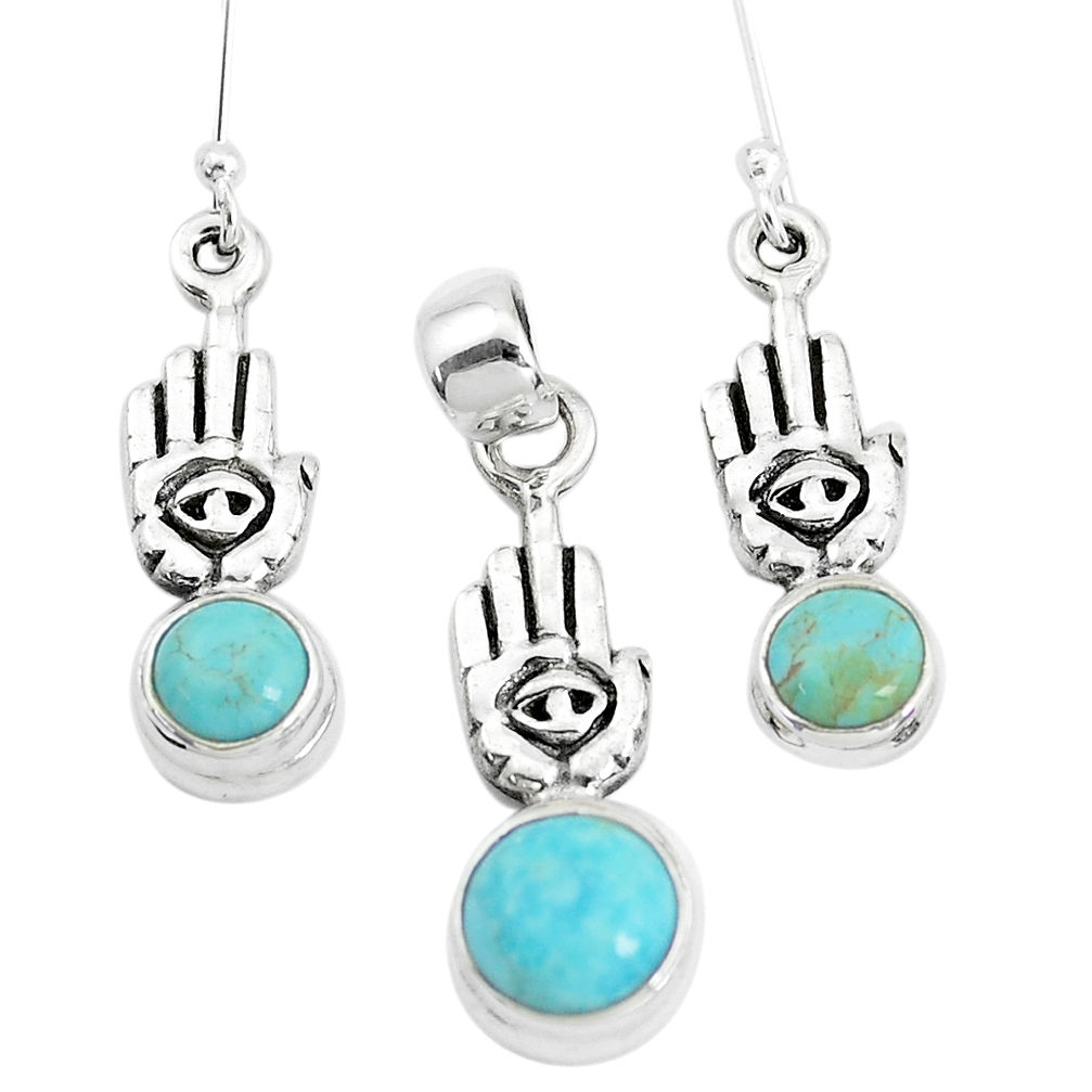 Arizona mohave turquoise silver hand of god hamsa pendant earrings set p38599