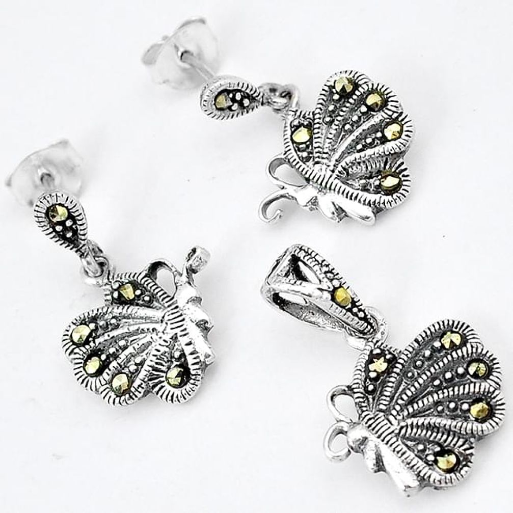 ART DECO MARCASITE 925 SILVER BUTTERFLY PENDANT EARRINGS SET JEWELRY H7810