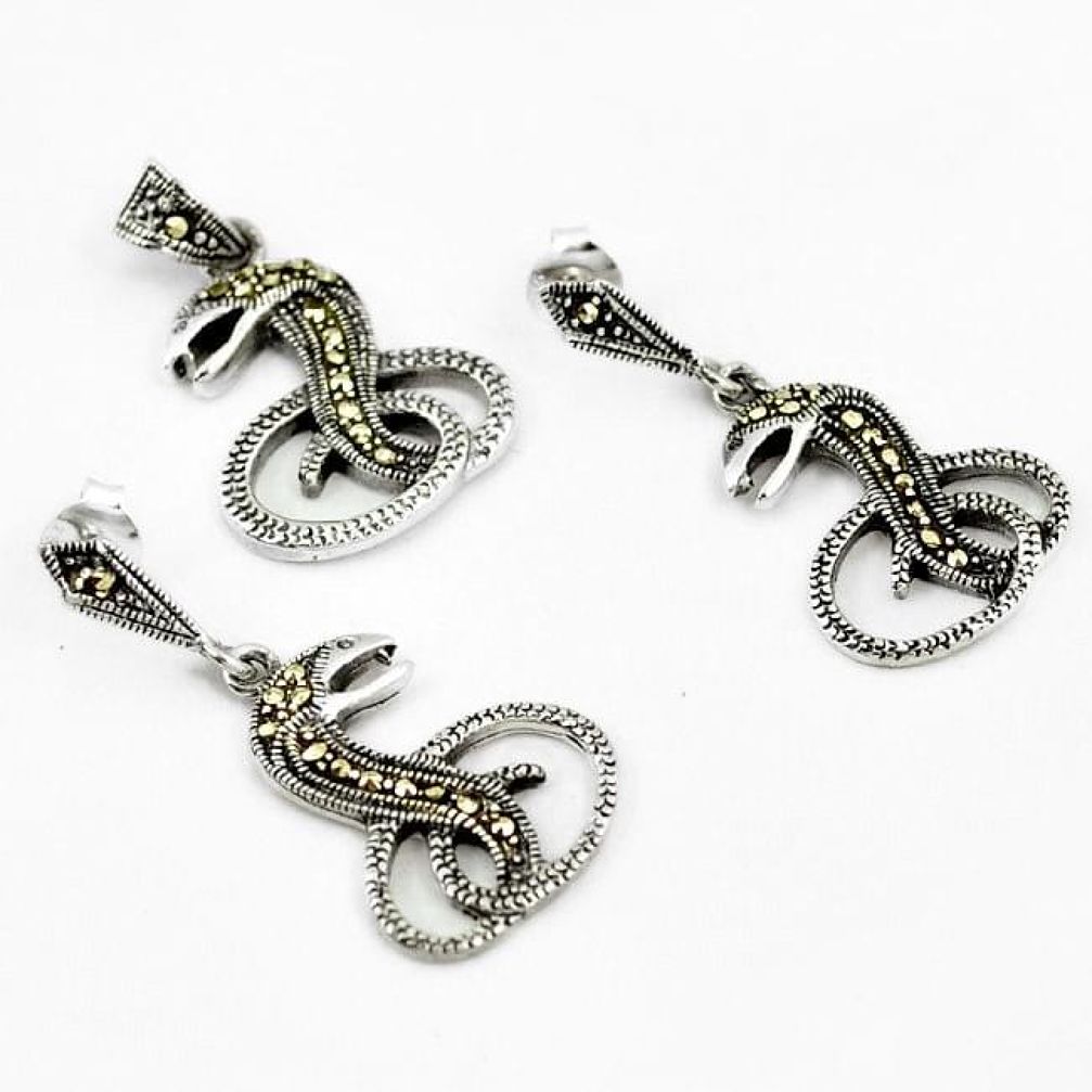 Art deco marcasite 925 sterling silver cobra snake pendant earrings set h48174