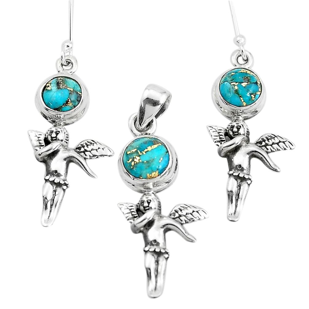 Blue copper turquoise 925 silver angel wing fairy pendant earrings set p38544