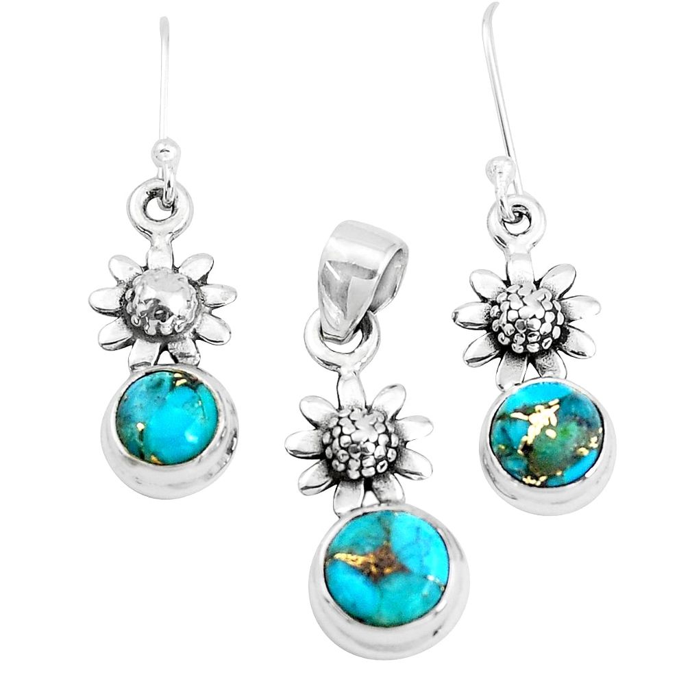 5.35cts blue copper turquoise 925 silver flower pendant earrings set p38508