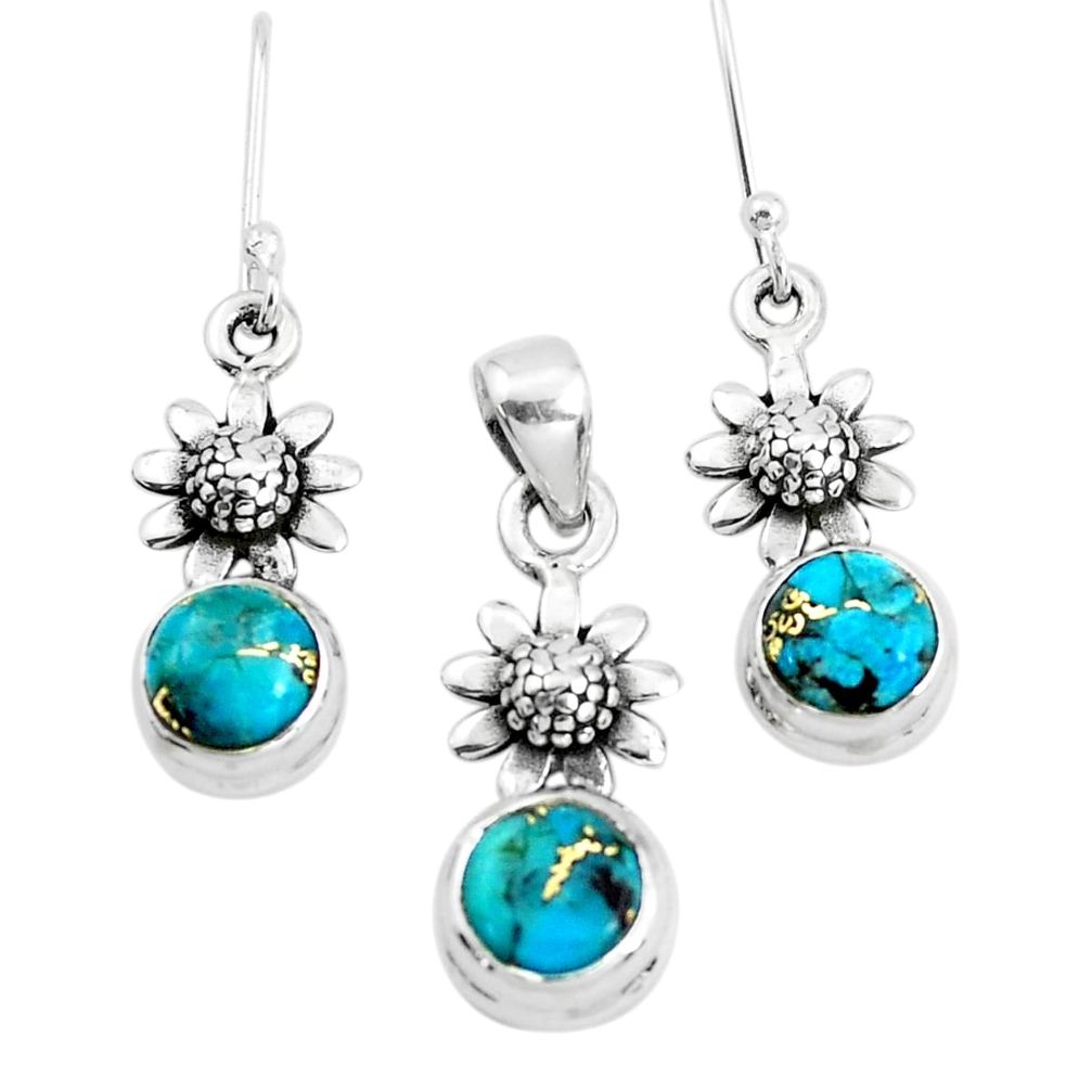 5.81cts blue copper turquoise 925 silver flower pendant earrings set p38525