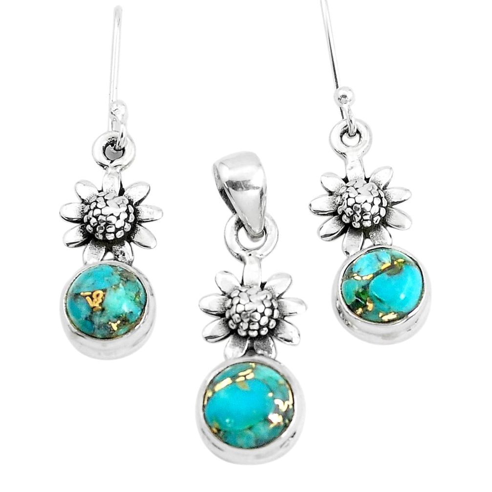 5.62cts blue copper turquoise 925 silver flower pendant earrings set p38546