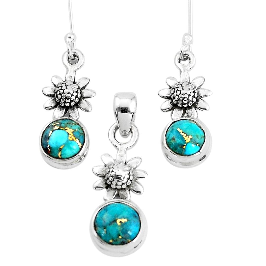 6.02cts blue copper turquoise 925 silver flower pendant earrings set p38595