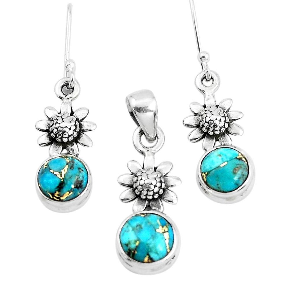 6.32cts blue copper turquoise 925 silver flower pendant earrings set p38596