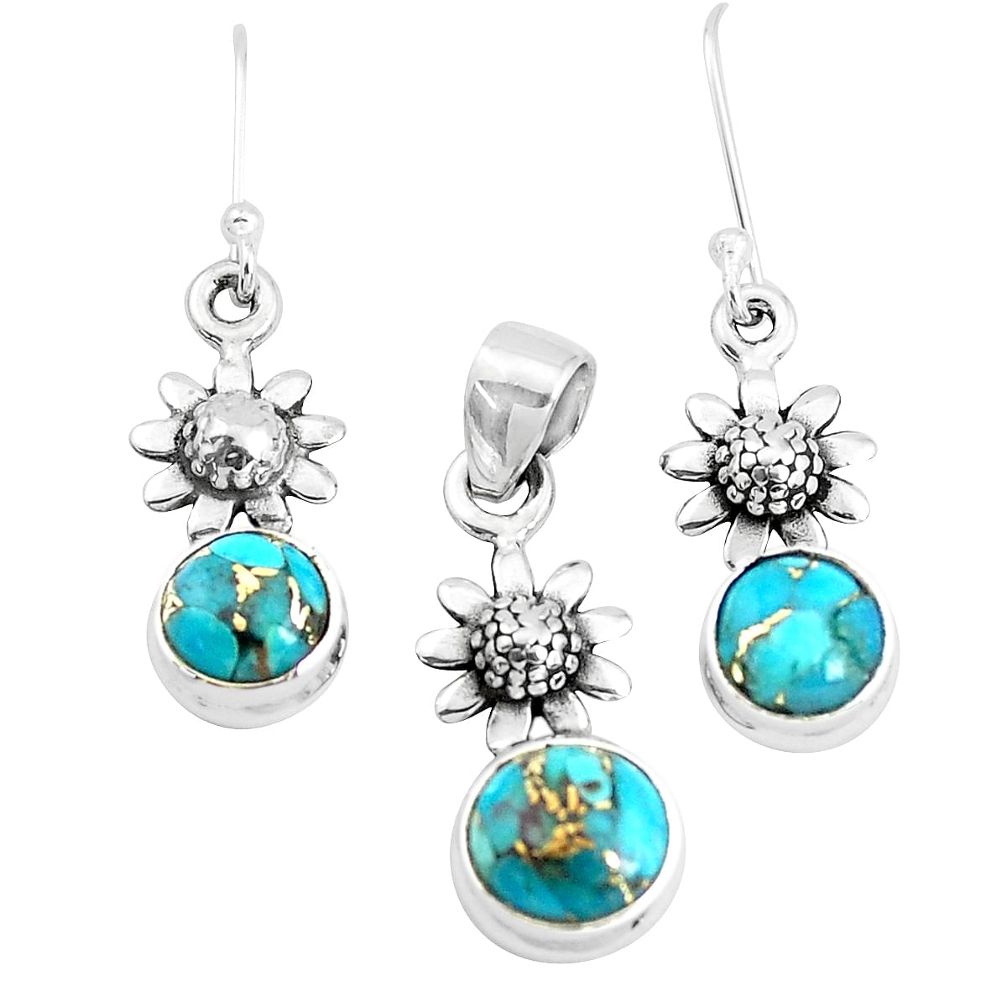 5.98cts blue copper turquoise 925 silver flower pendant earrings set p38650