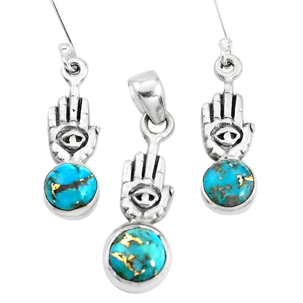Blue copper turquoise 925 silver hand of god hamsa pendant earrings set p38556