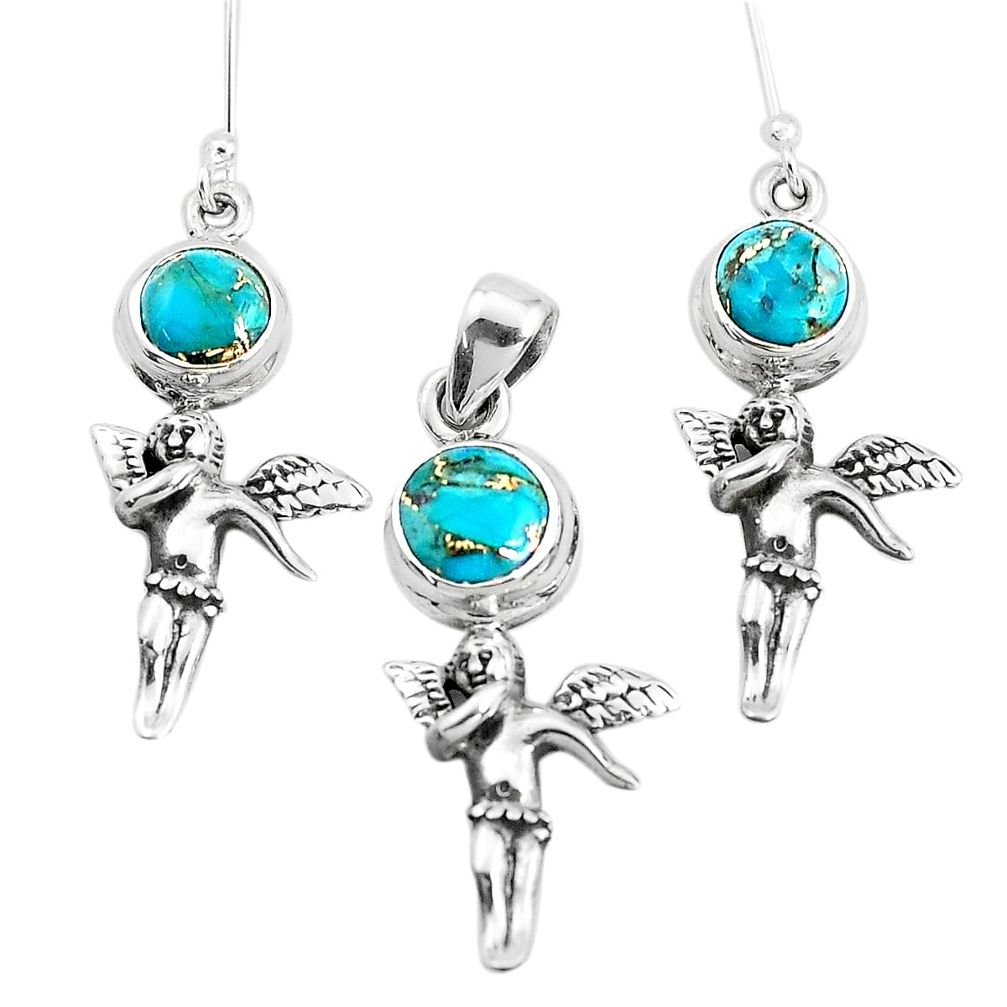 Blue copper turquoise silver cupid wing fairy pendant earrings set p38627
