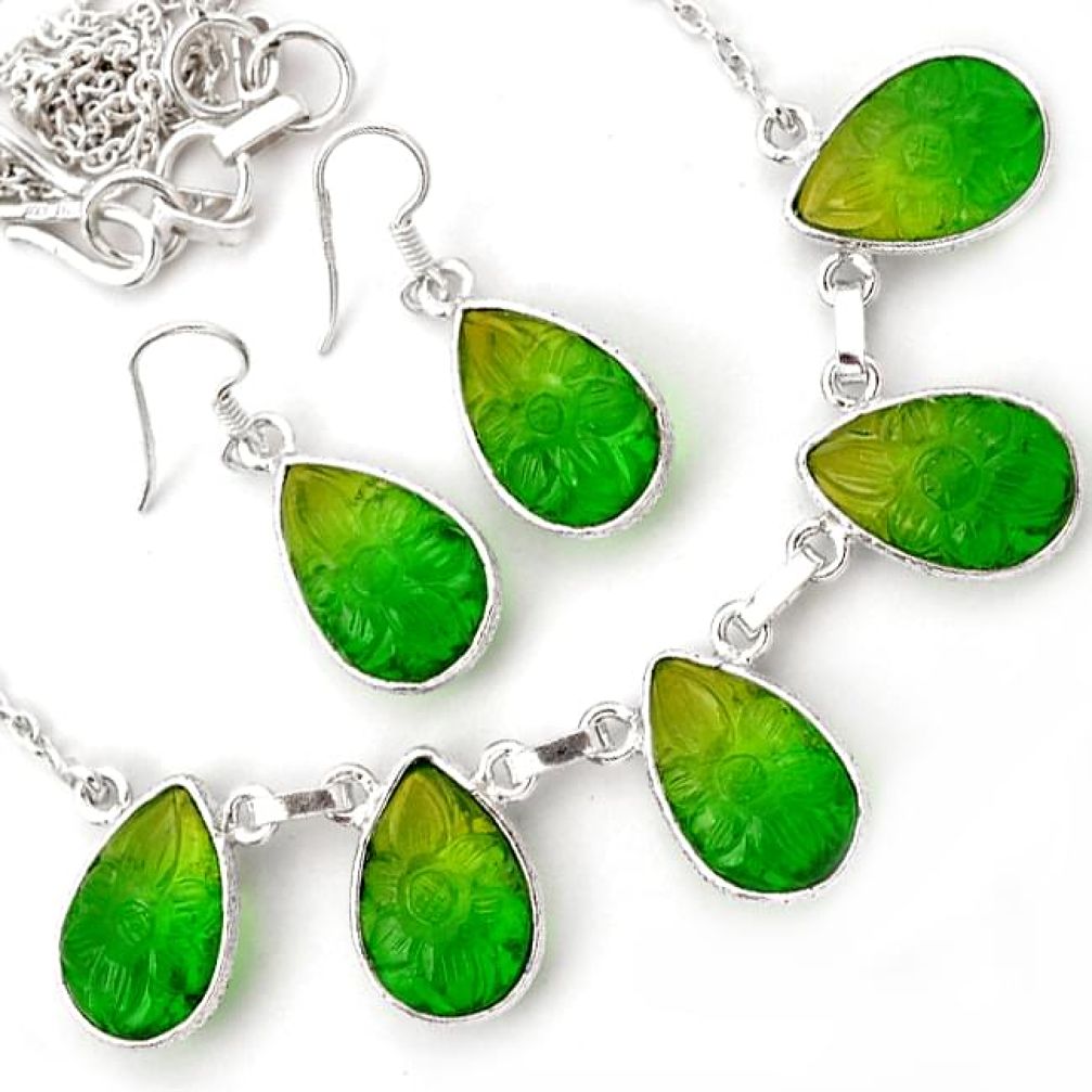 CLASSIC GREEN TOURMALINE QUARTZ 925 STERLING SILVER EARRINGS NECKLACE SET H44736