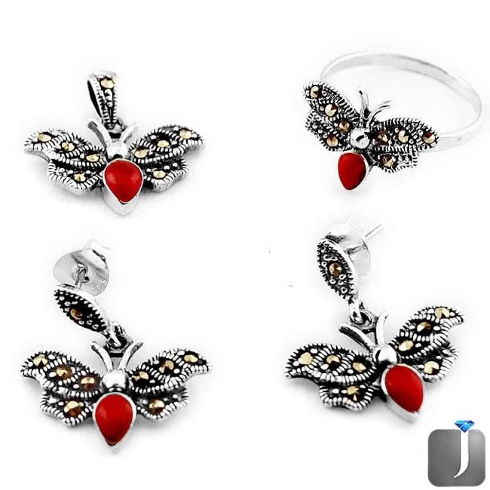 4.37cts CORAL MARCASITE BUTTERFLY 925 SILVER RING EARRINGS PENDANT SET F18198