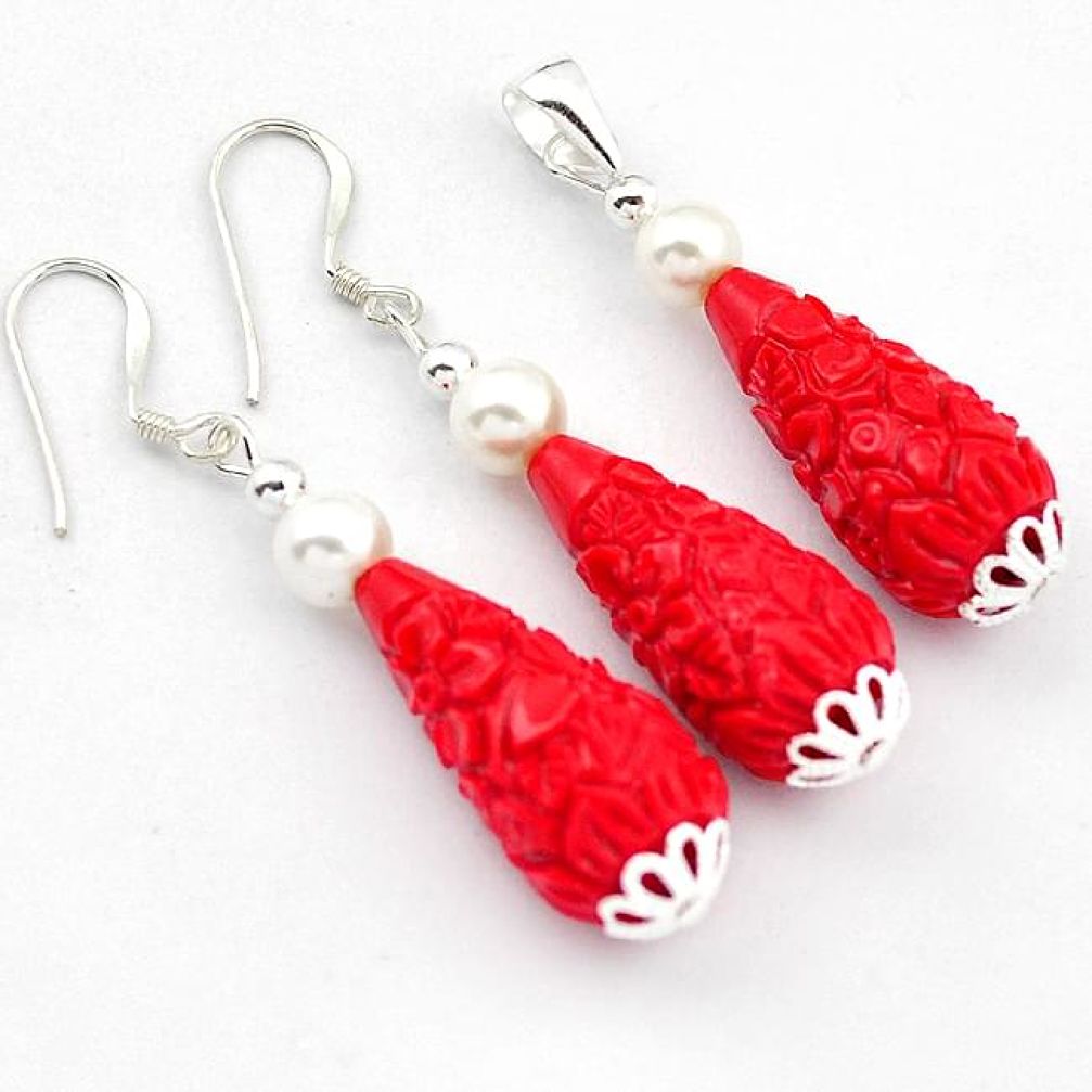 DAZZLING RED CORAL PEARL CARVED FLOWER 925 SILVER PENDANT EARRINGS SET H41979