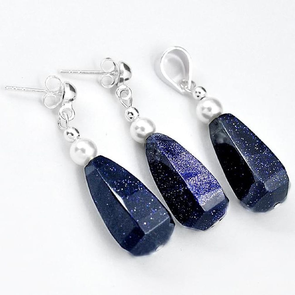 EXCELLENT BLUE GOLDSTONE PEARL DROP 925 SILVER PENDANT EARRINGS SET H41781