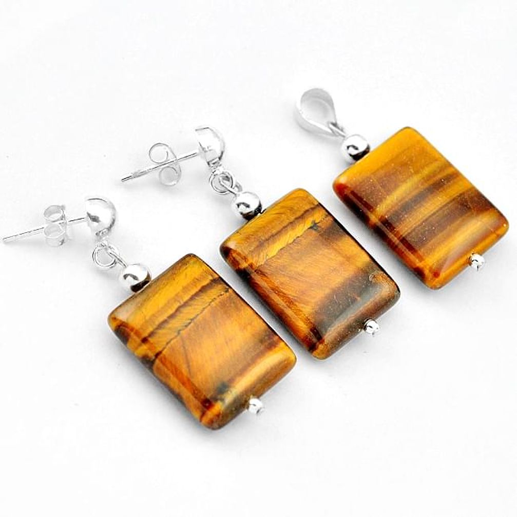 EXCELLENT BROWN TIGERS EYE OCTAGAN 925 SILVER PENDANT EARRINGS SET H41951