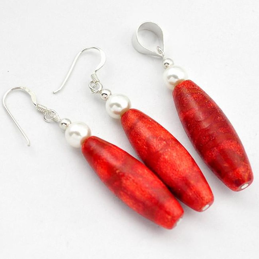 EXCELLENT RED SPONGE CORAL PEARL 925 STERLING SILVER PENDANT EARRINGS SET H41862