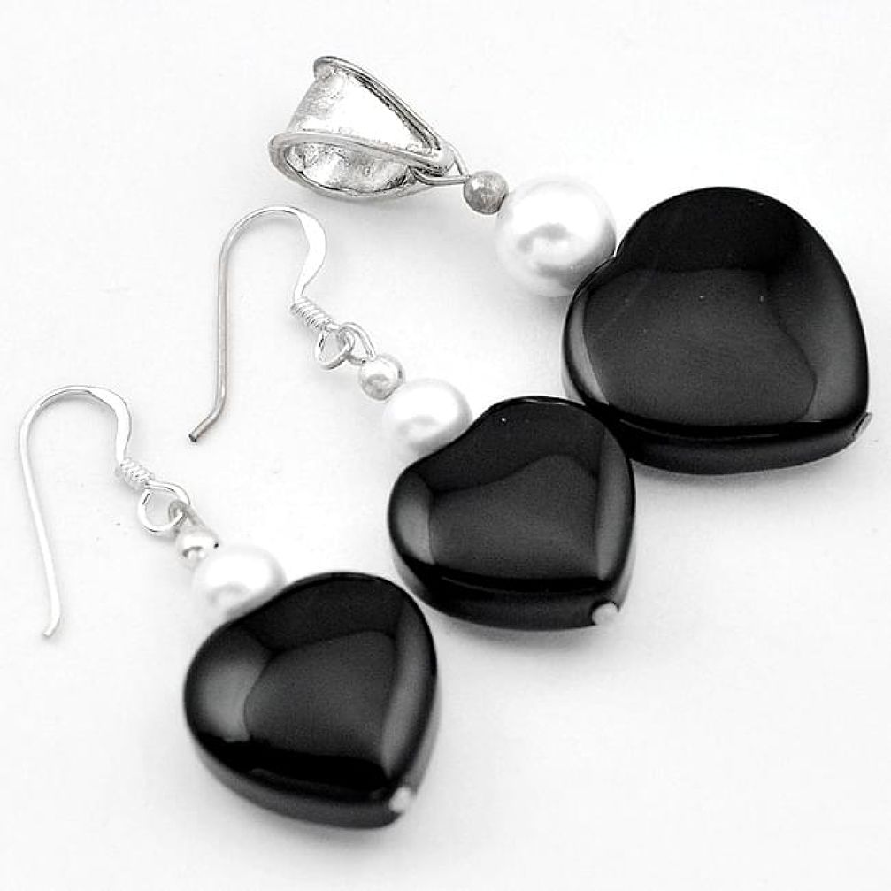 FASHIONABLE BLACK ONYX PEARL 925 SILVER HEART PENDANT EARRINGS SET H41835