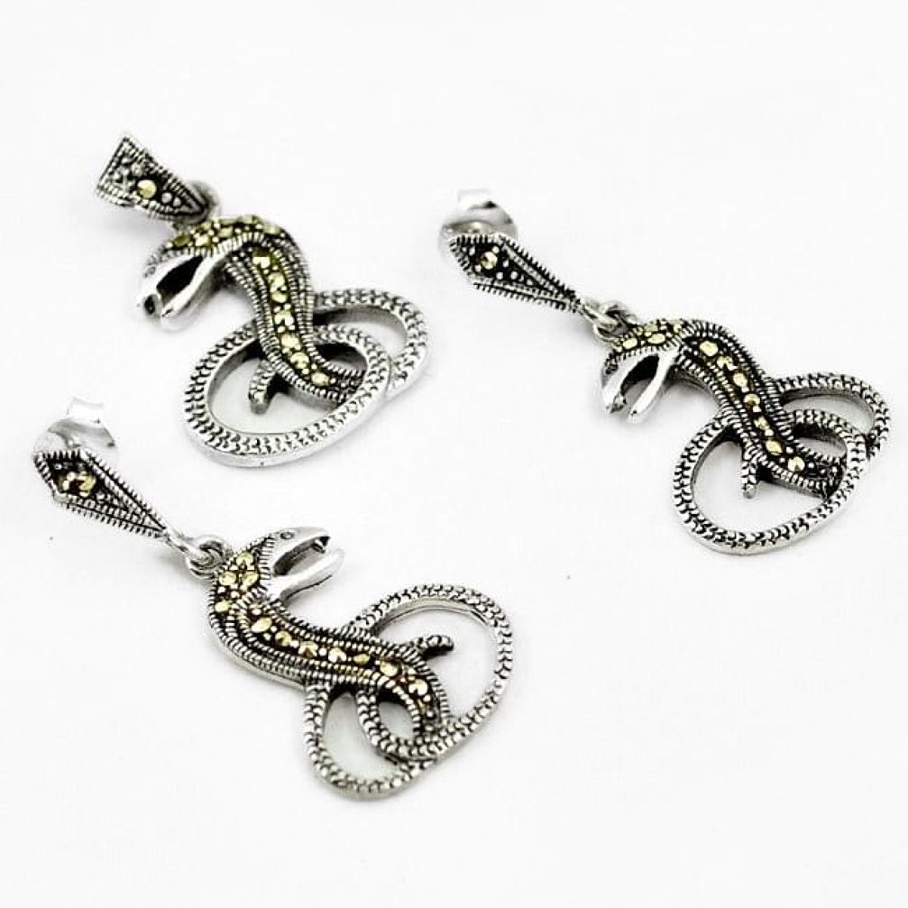 FINE MARCASITE 925 STERLING SILVER SNAKE PENDANT EARRINGS SET JEWELRY H7817