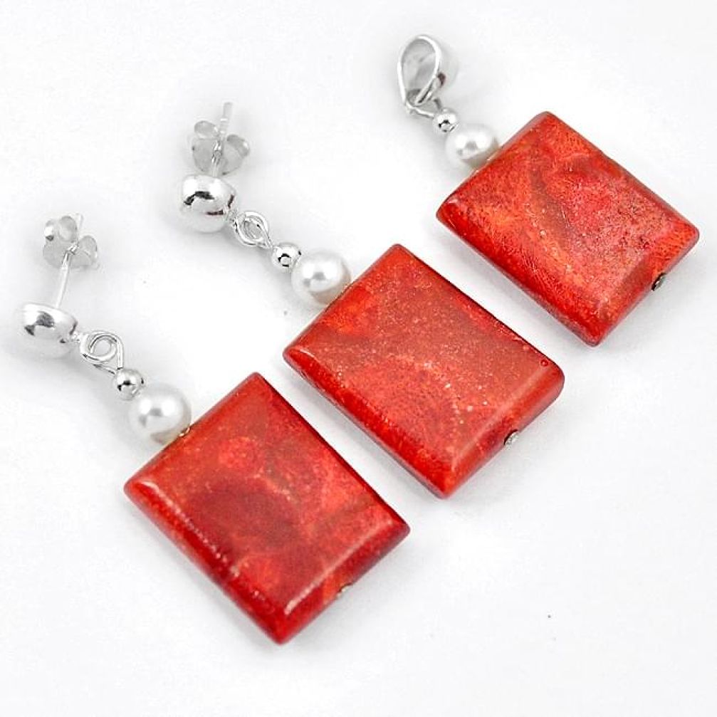 GALLANT RED SPONGE CORAL PEARL 925 SILVER OCTAGAN PENDANT EARRINGS SET H41867