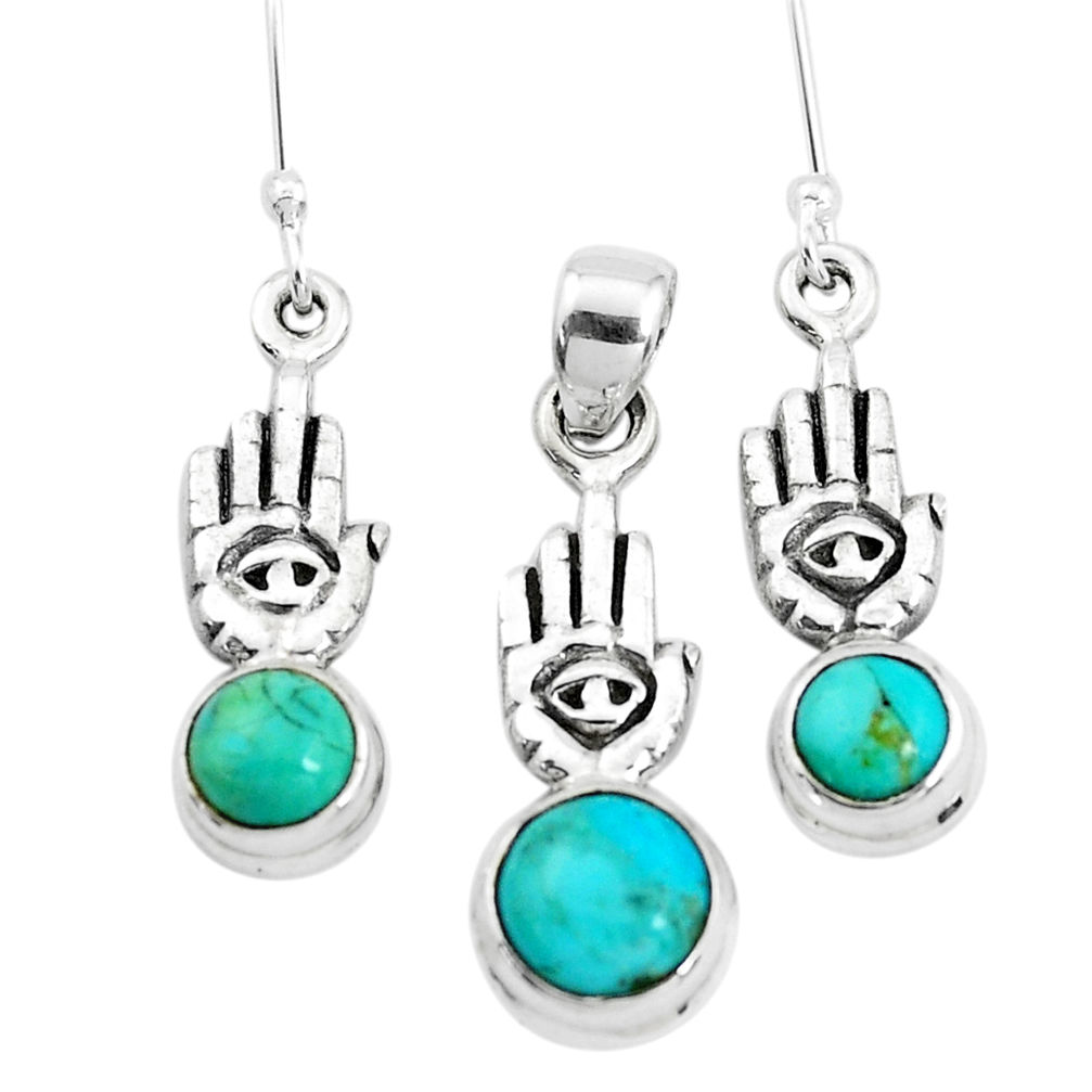 Green arizona mohave turquoise silver hand of god pendant earrings set p38528