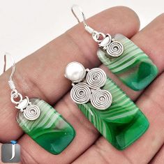 GREEN BOTSWANA AGATE BAGUETTE PEARL 925 SILVER PENDANT EARRINGS SET F59004