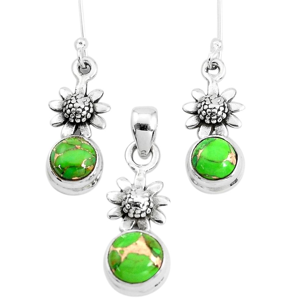 5.62cts green copper turquoise 925 silver flower pendant earrings set p38545