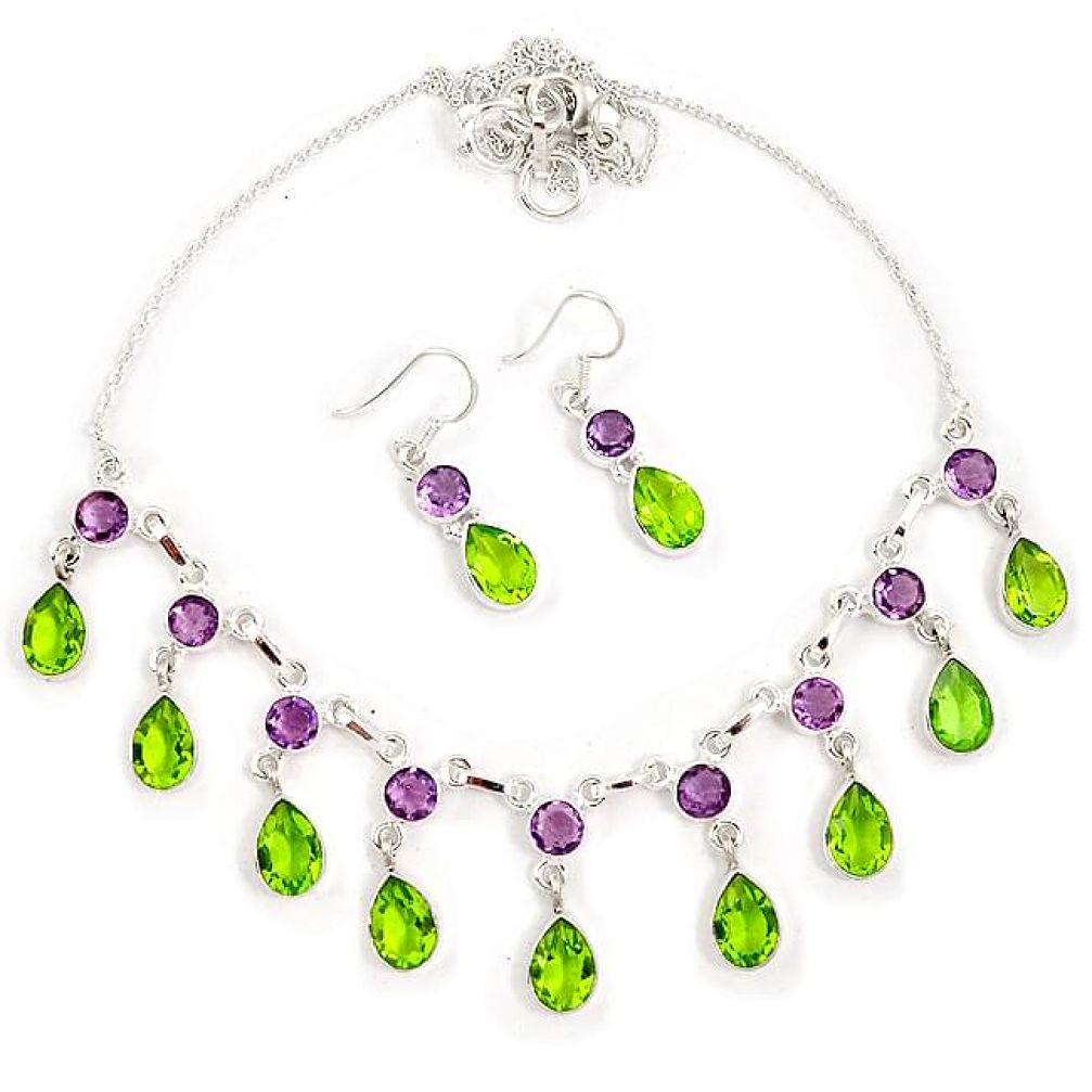 Green peridot quartz amethyst 925 sterling silver earrings necklace set h90135