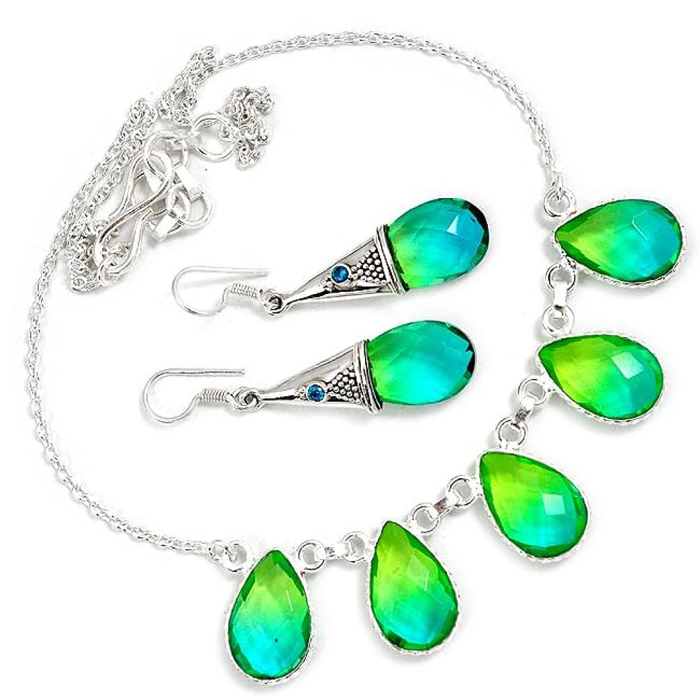 Green tourmaline quartz topaz 925 sterling silver earrings necklace set h89520