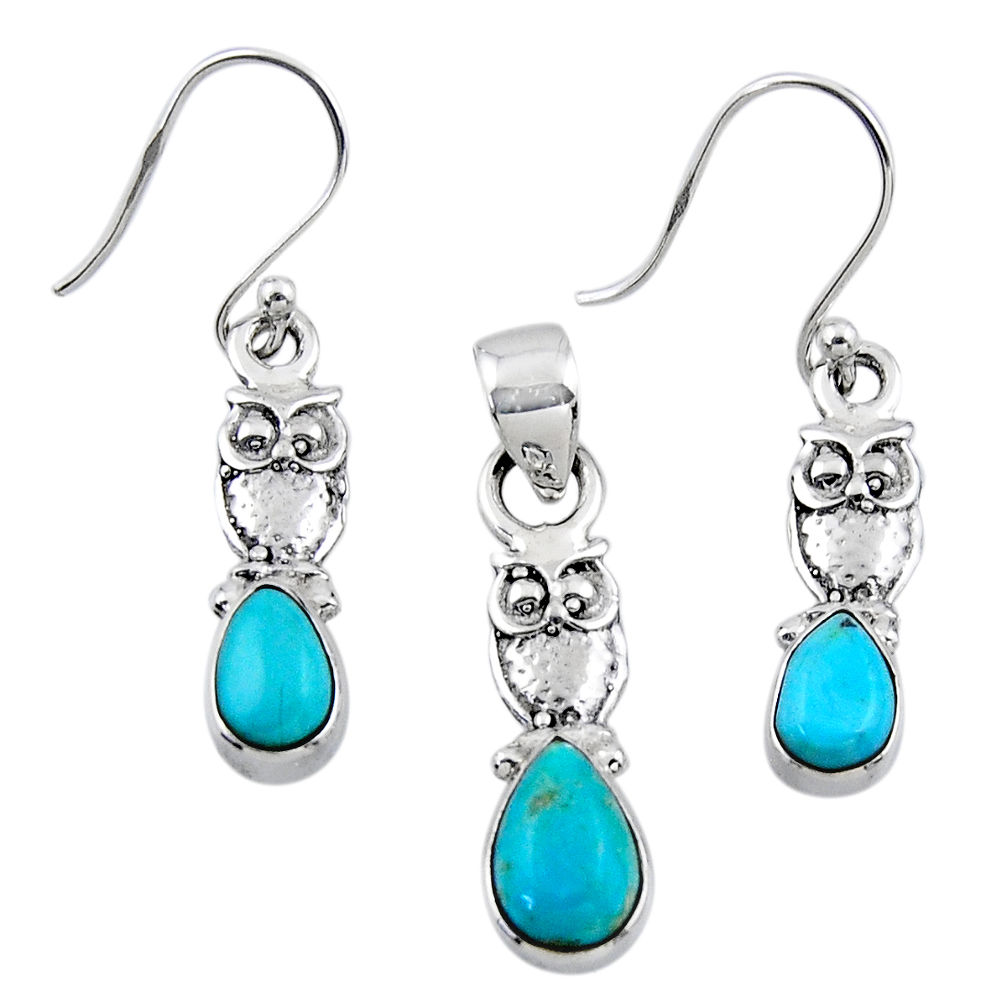 925 silver 4.92cts blue arizona mohave turquoise owl pendant earrings set r55749