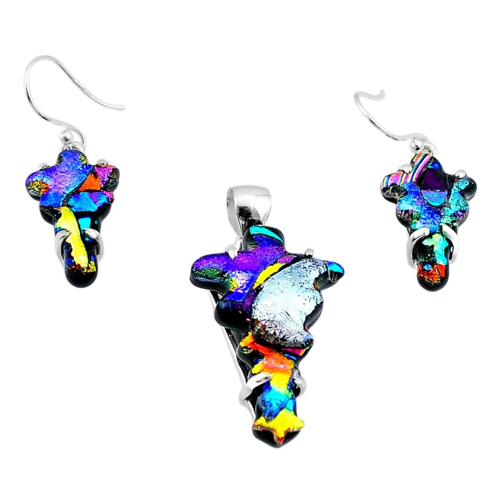 Clearance Sale- 925 silver 29.17cts carving dichroic glass cross pendant earrings set u28751