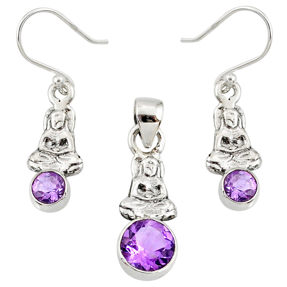 925 silver 5.53cts natural amethyst buddha charm pendant earrings set r70080