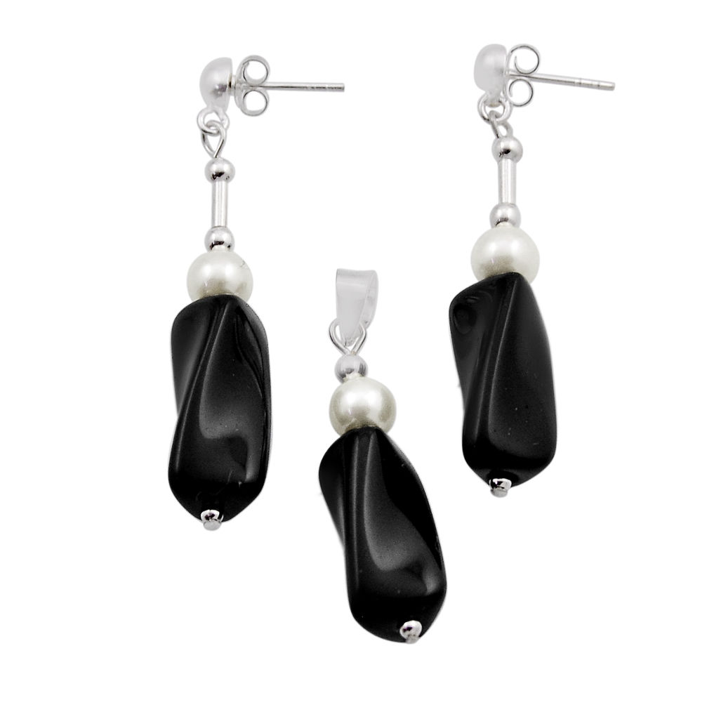 925 silver 37.51cts natural black onyx pearl beads pendant earrings set n20458
