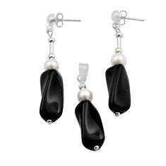 925 silver 37.51cts natural black onyx pearl beads pendant earrings set n20458