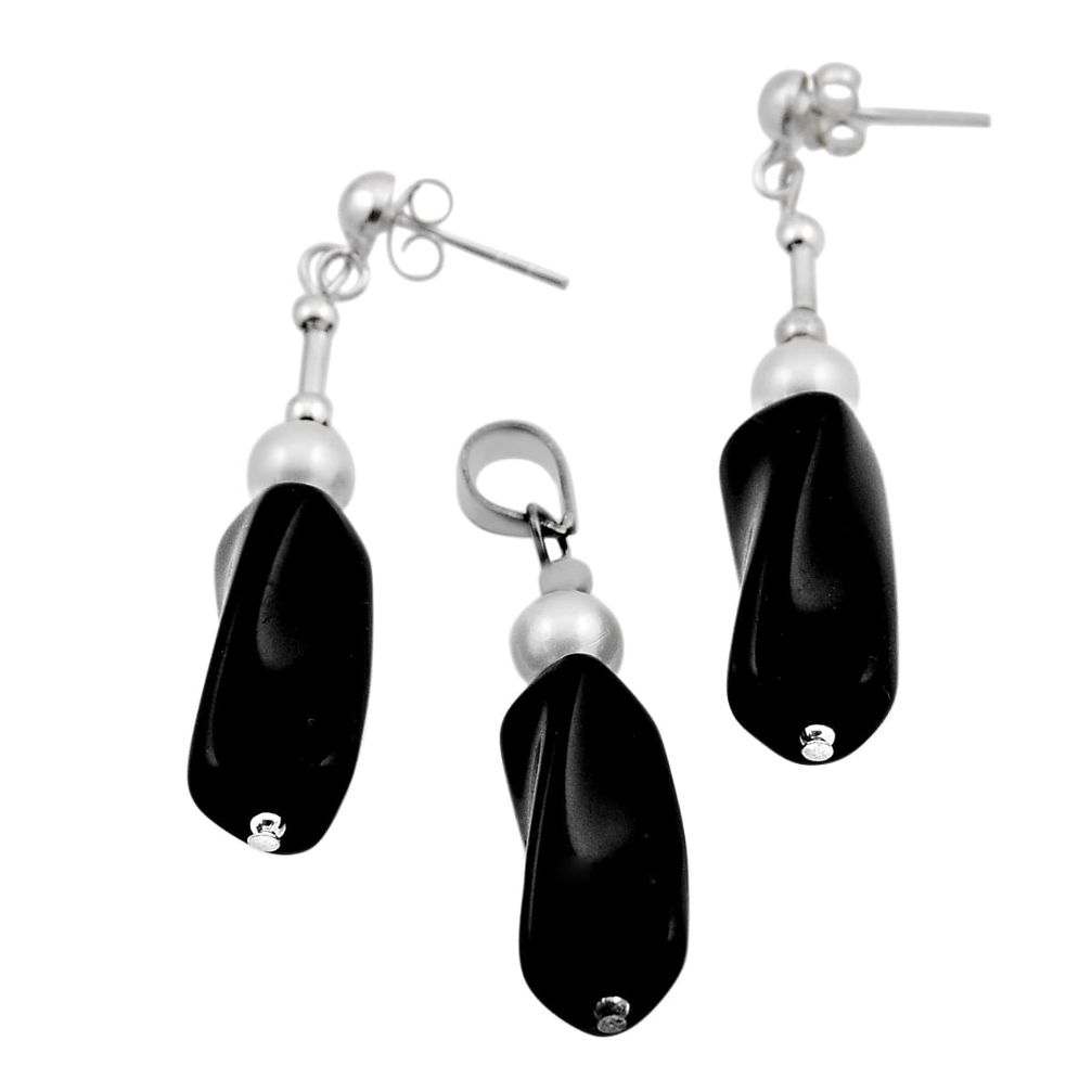 925 silver 39.82cts natural black onyx pearl beads pendant earrings set n20473