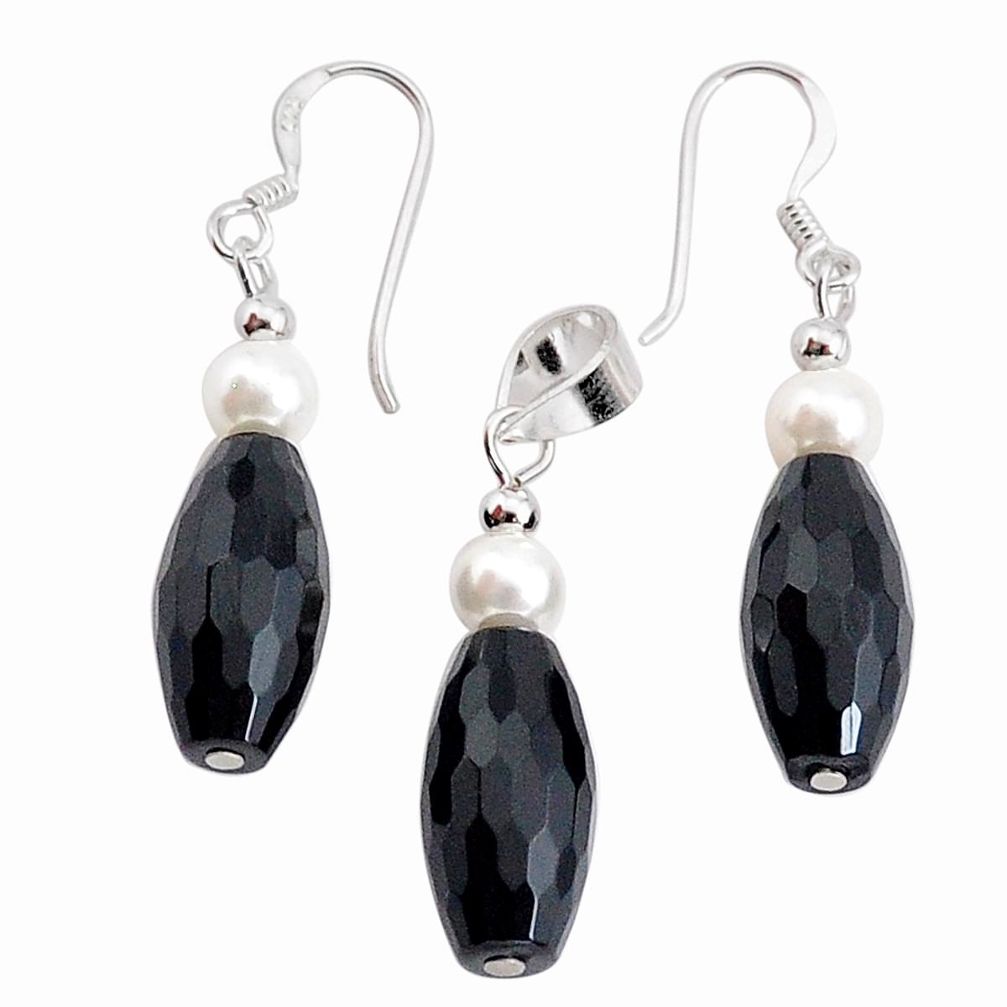 925 silver 19.97cts natural black onyx pearl pendant earrings set c27703