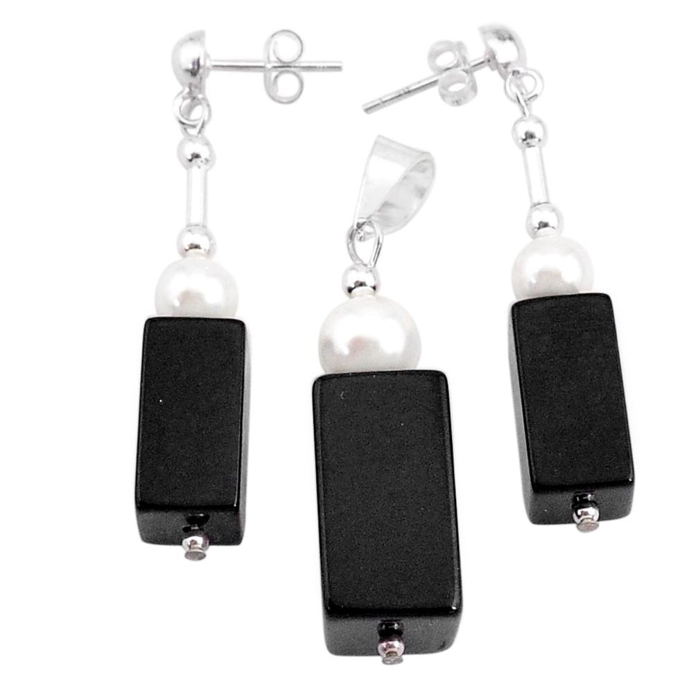 925 silver 46.34cts natural black onyx white pearl pendant earrings set c27553