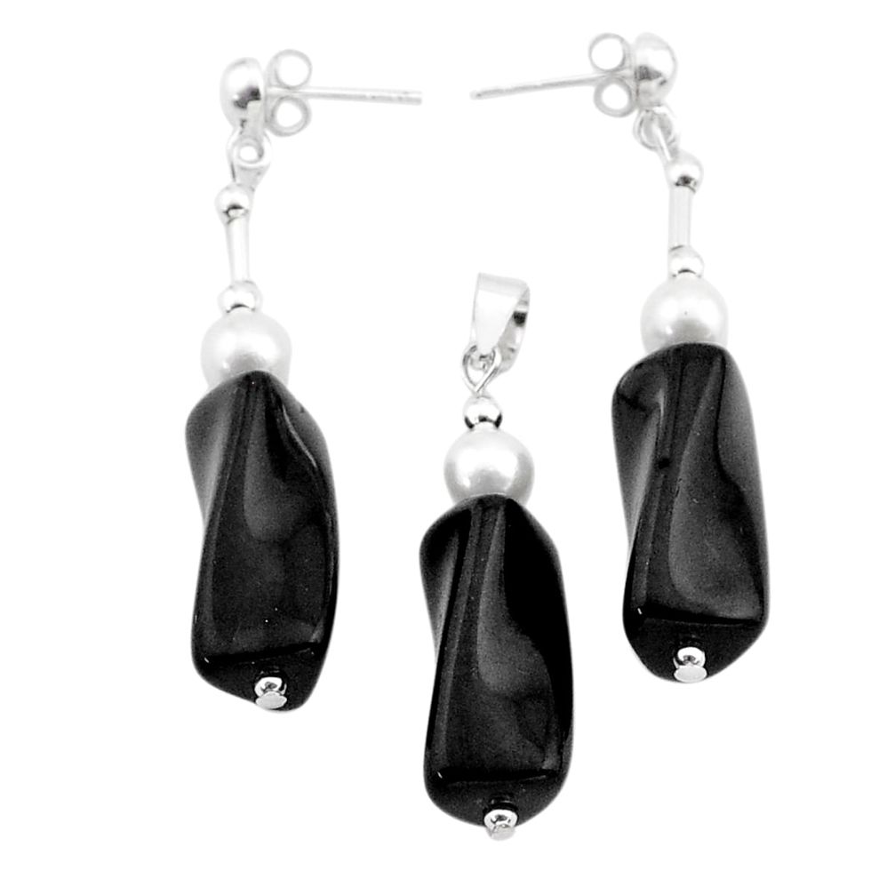 925 silver 33.54cts natural black onyx white pearl pendant earrings set c27611